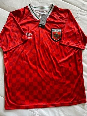 Umbro Red Portugal Soccer Shirt with Green-Trim V-Neck